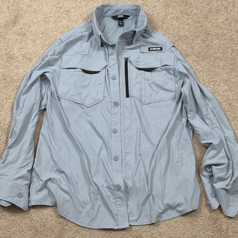 AKHG Long Sleeve Button-Up Outdoor Fishing Shirt Men's L Light Blue Vented Nylon